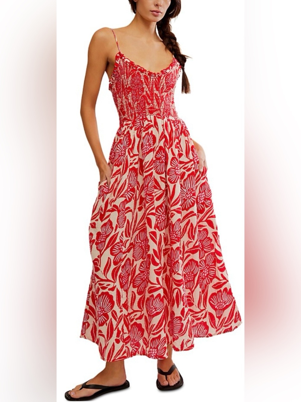 Free People Red Floral Smocked Maxi Dress